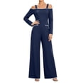 thumbnail image 1 of Tqcoqu Women's Cold‑Shoulder Jumpsuit, Contrast Piping Long Sleeve Wide Leg Floor Length Jumpsuit with Large Patch Pockets, 1 of 9