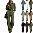 thumbnail image 1 of Tqcoqu Women's Collared Button Front Cargo Jumpsuit,Long Sleeve Elastic Waist Wide Leg Cotton Linen Workwear Jumpsuit with Multi Pocket, 1 of 8