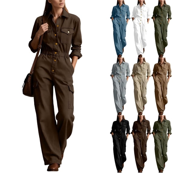 Tqcoqu Women's Collared Button Front Cargo Jumpsuit,Long Sleeve Elastic Waist Wide Leg Cotton Linen Workwear Jumpsuit with Multi Pocket