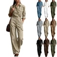 thumbnail image 1 of Tqcoqu Women's Collared Button Front Cargo Jumpsuit,Long Sleeve Elastic Waist Wide Leg Cotton Linen Workwear Jumpsuit with Multi Pocket, 1 of 8