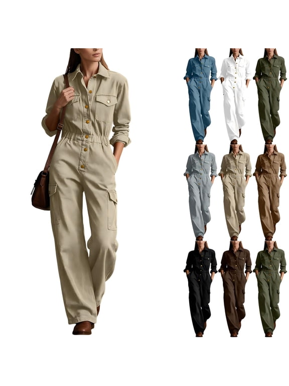 Women's Collared Button Front Cargo Jumpsuit,Long Sleeve Elastic Waist Wide Leg Cotton Linen Workwear Jumpsuit with Multi Pocket