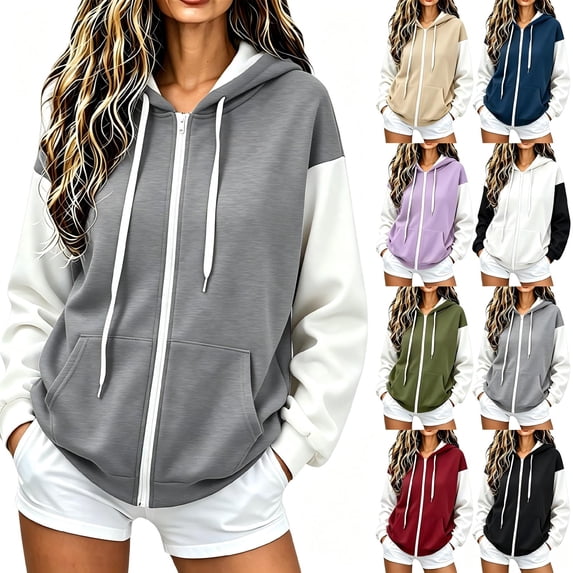 Tqcoqu Women's Color Block Zip Up Hoodie,Drawstring Hood Long Sleeve Kangaroo Pocket Loose Casual Sweatshirt Jacket Tops,2026 Fall Winter Trendy Clothes,Gray Women's S-XXL