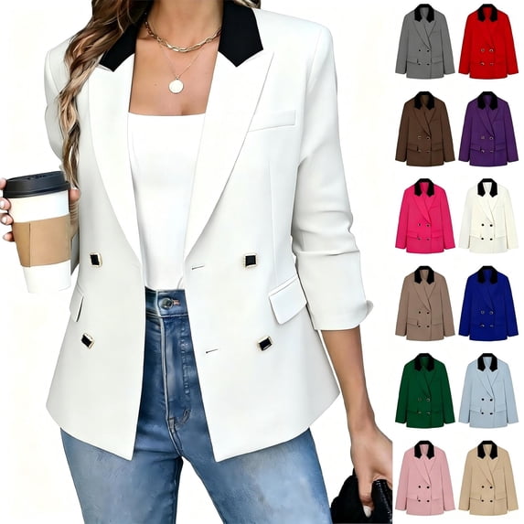 Tqcoqu Women's Contrast Lapel Double Breasted Blazer,Padded Shoulder Long Sleeve Open Front Suit Jacket,2026 Spring Fall Trendy Clothes,White Women's XS-XXL