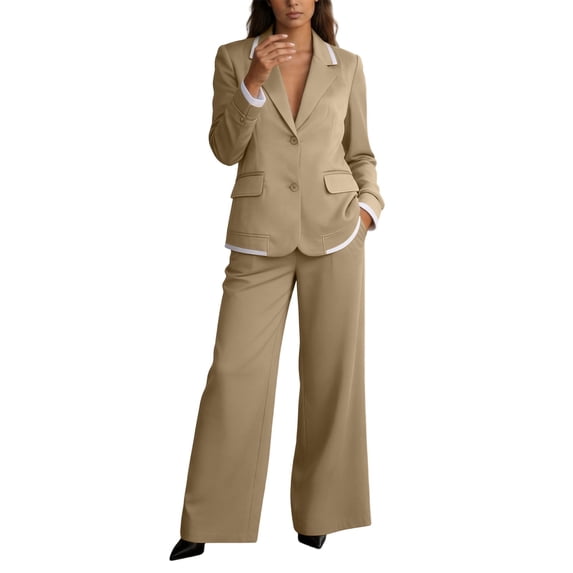 Tqcoqu Women's Contrast Trim Blazer 2 Piece Suit Set,Notched Lapel Long Sleeve Jacket with Wide Leg Pants Business Outfit,Khaki Women's S-XXXL