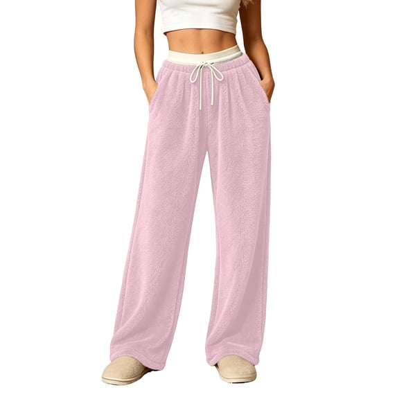 Tqcoqu Women's Contrast Waist Fuzzy Fleece Wide Leg Pants Drawstring Elastic Waist with Pockets Warm Casual Long Trousers