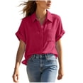 thumbnail image 1 of Tqcoqu Women's Cotton Linen Button Down Shirt,V Neck Short Sleeve Blouse,Business Casual Collared Summer Tops with Pocket,Wine Women's S-XXL, 1 of 7