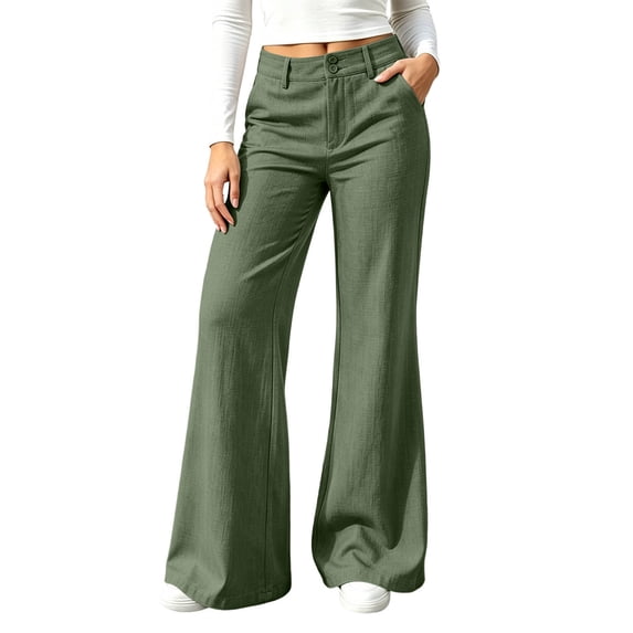 Tqcoqu Women's Cotton Linen Flare Pants,High Waist Wide Leg Button Zip Pants with Pockets,Casual Straight Flared Trousers