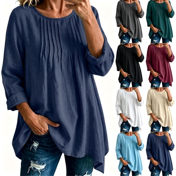 Tqcoqu Women's Cotton Linen Long Sleeve Loose Tunic Blouse,Round Neck Pleated Front Tops,2026 Spring Fall Trendy Clothes,Navy Women's S-XXXL