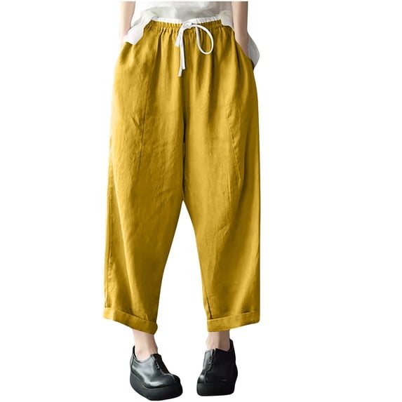 Tqcoqu Women's Cotton Linen Pants Wide Leg Lounge Cropped Pants with Pockets Lightweight Waist Capri Pant,Yellow,Women's M-XXL