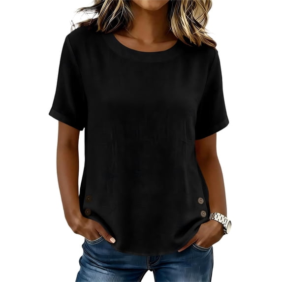 Tqcoqu Women's Cotton Linen Short Sleeve Tops,Crew Neck Side Button Shirts Casual Loose Fit T-Shirt,Black Women's S-XXL