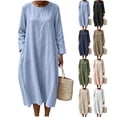 thumbnail image 1 of Tqcoqu Women's Crew Neck Cotton Linen Midi Dress with Pocket,Loose Fit Side Crinkle Texture Casual Long Tunic Dress, 1 of 9