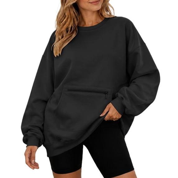 Tqcoqu Women's Crew Neck Oversized Sweatshirt, Long Sleeve Pullover with Zipper Kangaroo Pocket Casual Top