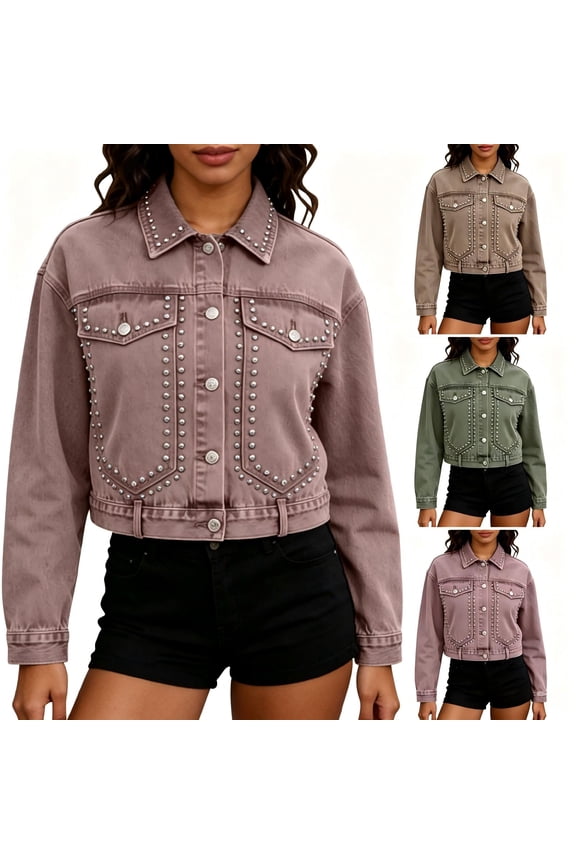 Women's Cropped Denim Jacket,Collared Studded Rivet Trim Long Sleeve Trucker Coat,2026 Spring Fall Trendy Clothes,Pink Women's XS-L