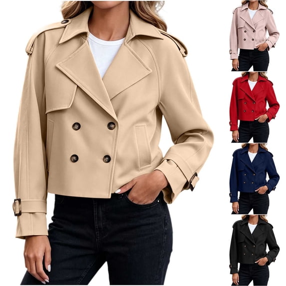 Tqcoqu Women's Cropped Double Breasted Trench Coat,Lapel Long Sleeve Casual Short Jacket With Pockets