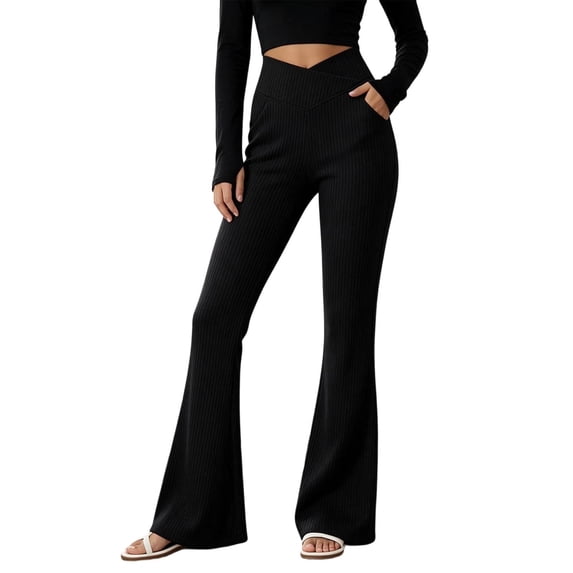 Tqcoqu Women's Crossover V Waist Ribbed Bootcut Pants,Solid Casual Flared Trousers with Side Pockets,Athletic Yoga Workout Pants