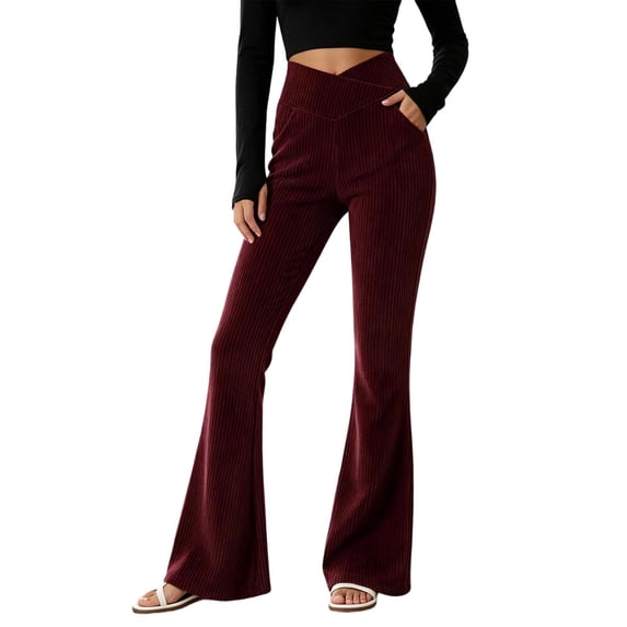 Tqcoqu Women's Crossover V Waist Ribbed Bootcut Pants,Solid Casual Flared Trousers with Side Pockets,Athletic Yoga Workout Pants