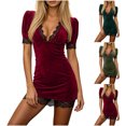 thumbnail image 1 of Tqcoqu Women's Deep V Neck Lace Trim Puff Short Sleeve Velvet Bodycon Mini Dress Club Party Dress, 1 of 6