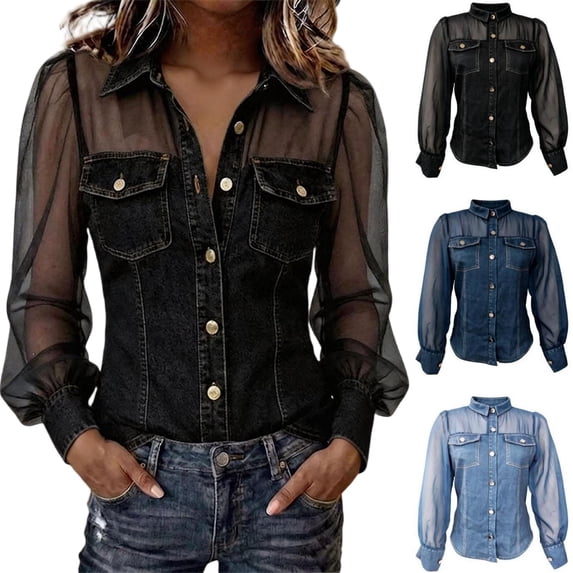 Tqcoqu Women's Denim Print Mesh Splice Blouse,Lapel Long Puff Sleeve Button Front Dual Pocket Shirt