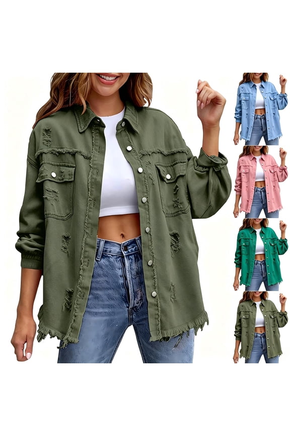 Women's Distressed Denim Jacket,Long Sleeve Button Down Shacket Ripped Fringe Hem Jeans Coat,2026 Fall Winter Trendy Clothes,Army Green Women's S-XXL