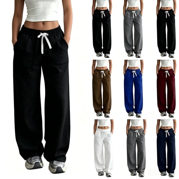 Tqcoqu Women's Drawstring Elastic Waist Wide Leg Sweatpants with Pockets,Solid Casual Trousers,2026 Womens Trendy Clothes,Black Women's S-XXL