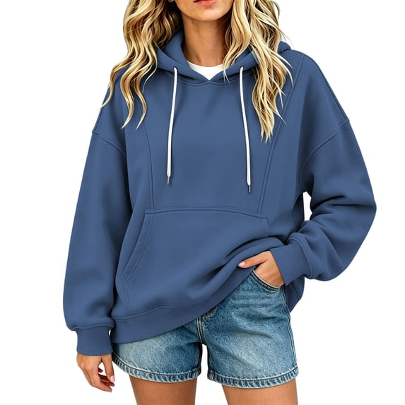 Tqcoqu Women's Drawstring Hooded Sweatshirt, Oversized Drop Shoulder Pullover With Kangaroo Pocket Ribbed Cuffs Soft Brushed Knit Casual Hoodie
