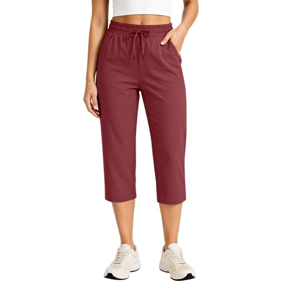 Tqcoqu Women's Drawstring Waist Capri Pants with Pockets,Straight Leg Elastic Summer Casual Pants,Red Women's S-XXXL