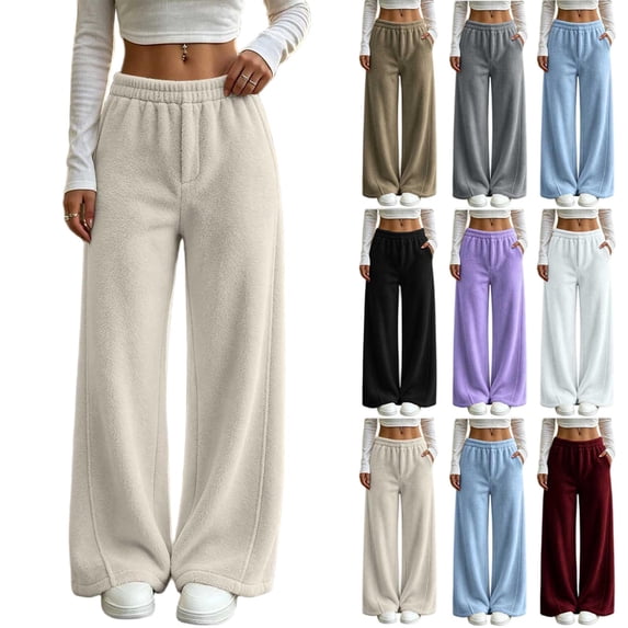 Tqcoqu Women's Elastic Waist Flannel Wide Leg Pants, Casual Long Trousers with Side Pockets for Fall Winter,Women's S-XXL