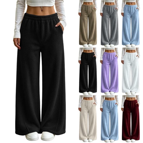 Tqcoqu Women's Elastic Waist Flannel Wide Leg Pants, Casual Long Trousers with Side Pockets for Fall Winter,Women's S-XXL