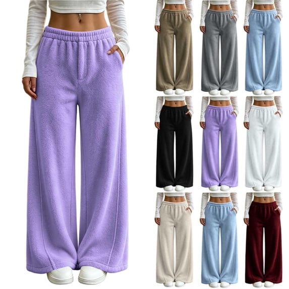 Tqcoqu Women's Elastic Waist Flannel Wide Leg Pants, Casual Long Trousers with Side Pockets for Fall Winter,Women's S-XXL
