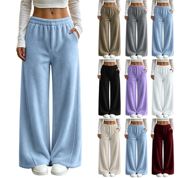 Tqcoqu Women's Elastic Waist Flannel Wide Leg Pants, Casual Long Trousers with Side Pockets for Fall Winter,Women's S-XXL