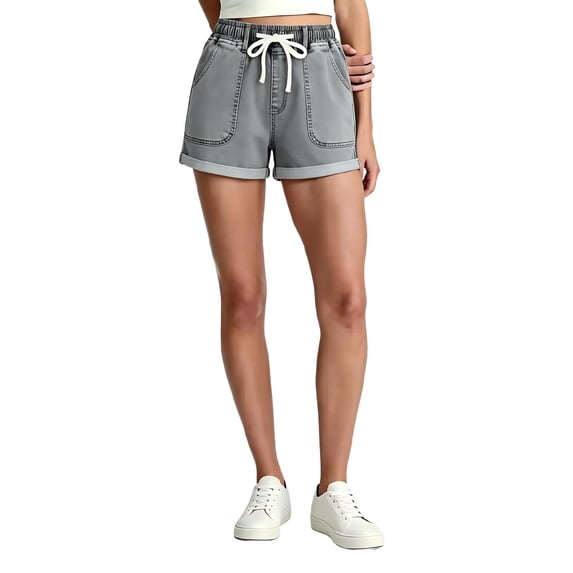 Tqcoqu Women's Elastic Waist Loose Denim Shorts,Drawstring Rolled Hem Patch Jean Shorts with Pockets,Gray Women's S-XXL