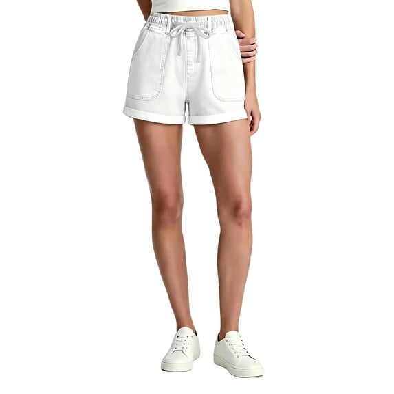 Tqcoqu Women's Elastic Waist Loose Denim Shorts,Drawstring Rolled Hem Patch Jean Shorts with Pockets,White Women's S-XXL