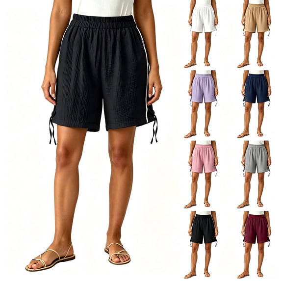 Tqcoqu Women's Elastic Waist Textured Casual Shorts,Side Drawstring Slits Summer Shorts with Pockets,Black Women's S-XXL