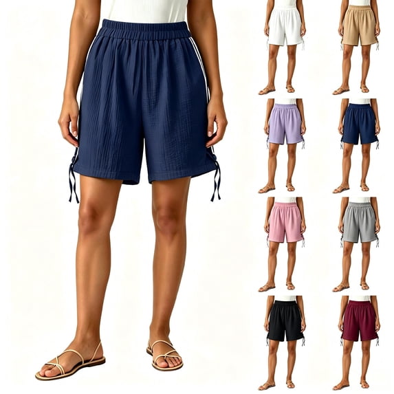 Tqcoqu Women's Elastic Waist Textured Casual Shorts,Side Drawstring Slits Summer Shorts with Pockets,Navy Women's S-XXL