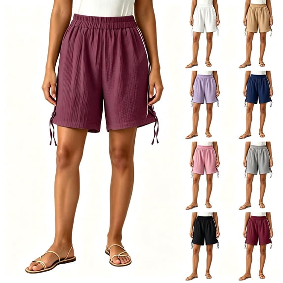 Tqcoqu Women's Elastic Waist Textured Casual Shorts,Side Drawstring Slits Summer Shorts with Pockets,Wine Women's S-XXL