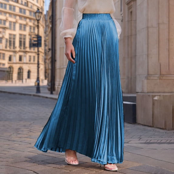 Tqcoqu Women's Elastic Waist Velvet Pleated Maxi Skirt Shiny Flowy Long Skirt,Dark Blue,Women's S-XL