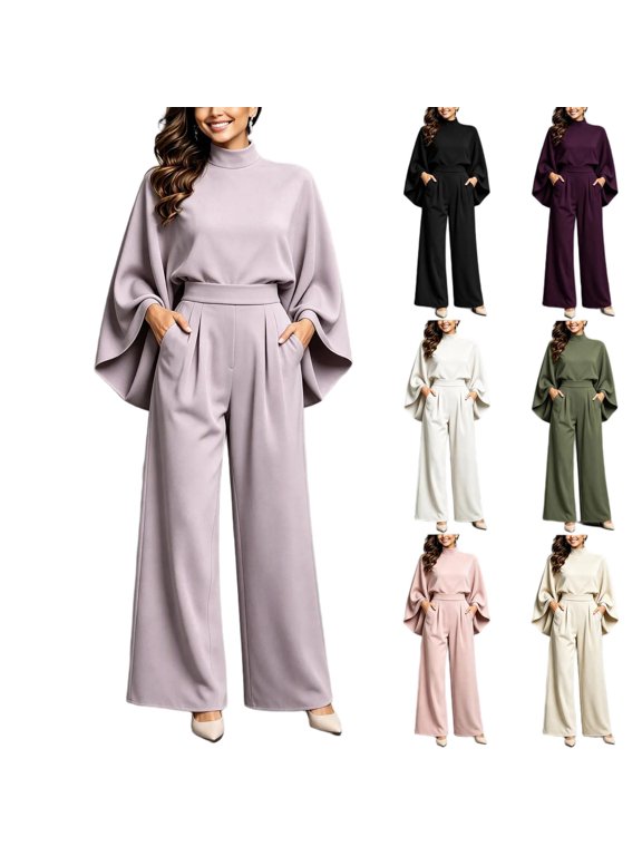 Women's Elegant 2 Piece Pantsuit Set, Mock Neck Batwing Sleeve Top And High Waist Pleated Wide Leg Trousers Office Outfit,Women's,Size S-XXL