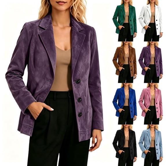 Tqcoqu Women's Faux Suede Notched Lapel Blazer,Three Button Long Sleeve Casual Work Suit Jacket with Pocket,2026 Fall Winter Trendy Clothes,Purple Women's S-XXXL
