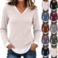 thumbnail image 1 of Tqcoqu Women's Faux Two Piece Ribbed Knit Top,V Neck Long Sleeve Layered Hem Slim Fit Casual Pullover Blouse, 1 of 6