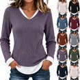 thumbnail image 1 of Tqcoqu Women's Faux Two Piece Ribbed Knit Top,V Neck Long Sleeve Layered Hem Slim Fit Casual Pullover Blouse, 1 of 9