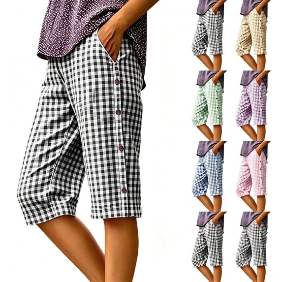 Tqcoqu Women's Gingham Plaid Elastic Waist Shorts,Side Button Summer Lounge Short with Pockets,Black Women's S-XXL
