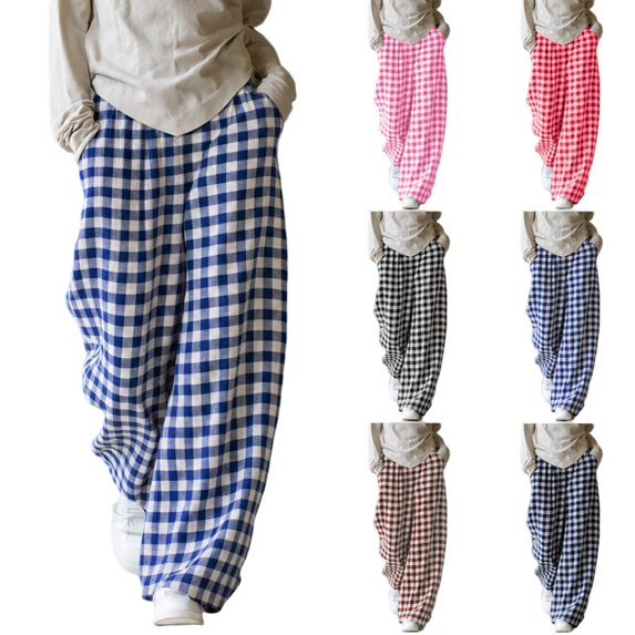 Tqcoqu Women's Gingham Plaid Elastic Waist Wide Leg Pants, Casual Loungewear Sleep Pajama Long Trousers with Side Pockets