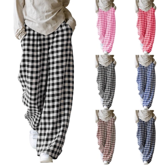 Tqcoqu Women's Gingham Plaid Elastic Waist Wide Leg Pants, Casual Loungewear Sleep Pajama Long Trousers with Side Pockets