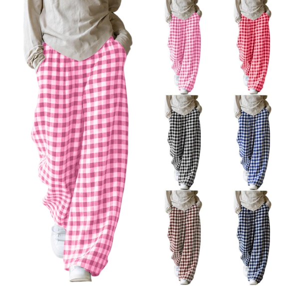 Tqcoqu Women's Gingham Plaid Elastic Waist Wide Leg Pants, Casual Loungewear Sleep Pajama Long Trousers with Side Pockets