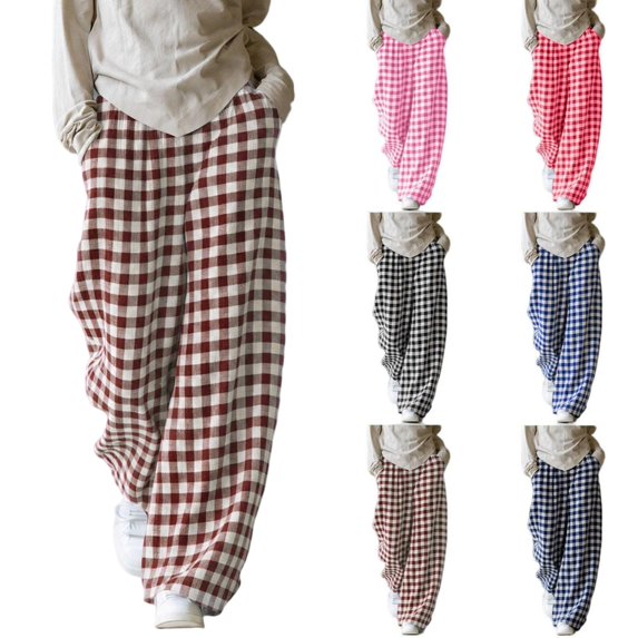 Tqcoqu Women's Gingham Plaid Elastic Waist Wide Leg Pants, Casual Loungewear Sleep Pajama Long Trousers with Side Pockets
