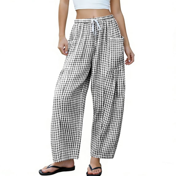 Tqcoqu Women's Gingham Plaid Pants Cotton Trousers Elastic Waist Loose Wide Leg Casual Summer with Pockets,Black,Women's S-XXL