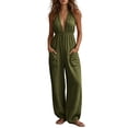 thumbnail image 1 of Tqcoqu Women's Halter Deep V Neck Rompers,Elastic Waist Wide Leg Linen Blend Jumpsuit with Pockets,Army Green Women's S-XXXL, 1 of 8