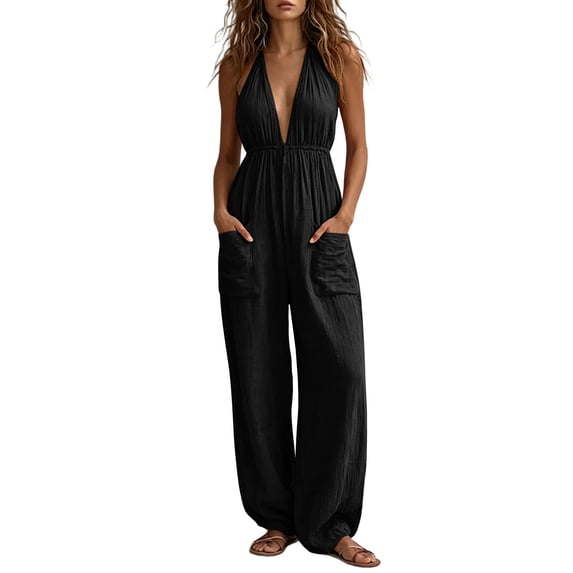 Tqcoqu Women's Halter Deep V Neck Rompers,Elastic Waist Wide Leg Linen Blend Jumpsuit with Pockets,Black Women's S-XXXL