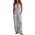 thumbnail image 1 of Tqcoqu Women's Halter Deep V Neck Rompers,Elastic Waist Wide Leg Linen Blend Jumpsuit with Pockets,Gray Women's S-XXXL, 1 of 8