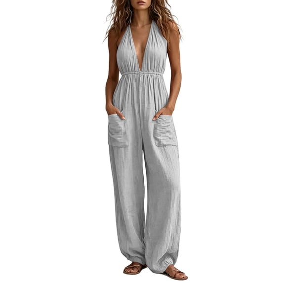 Tqcoqu Women's Halter Deep V Neck Rompers,Elastic Waist Wide Leg Linen Blend Jumpsuit with Pockets,Gray Women's S-XXXL